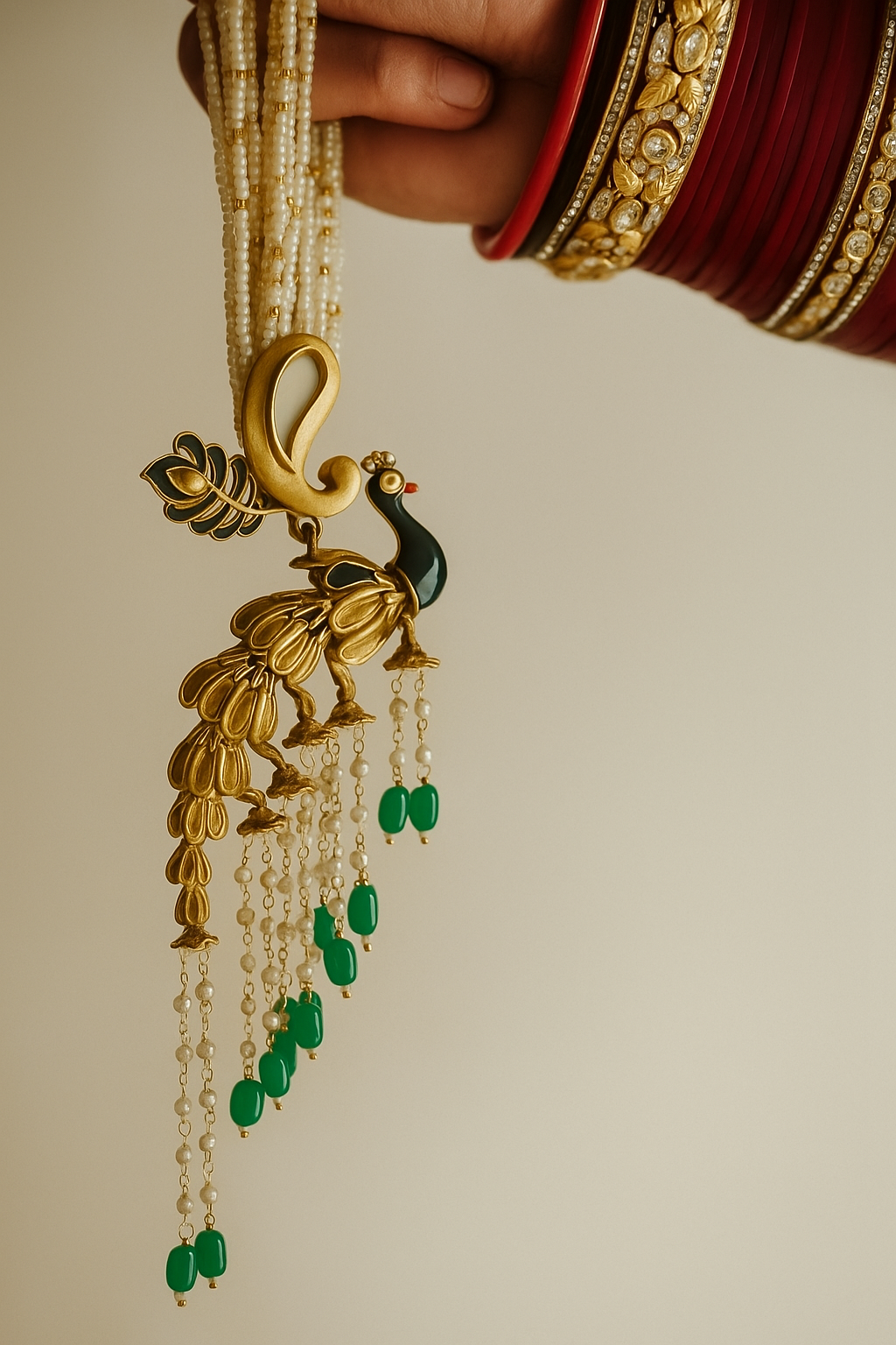 Peacock Design Elegant Multi-Strand Pearl Necklace Set & Matching Earrings