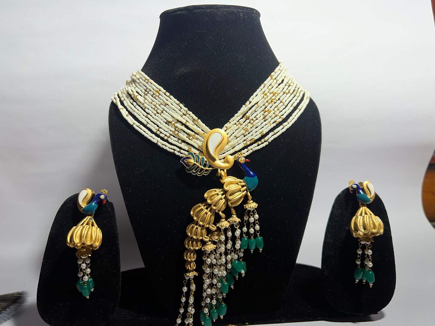 Peacock Design Elegant Multi-Strand Pearl Necklace Set & Matching Earrings