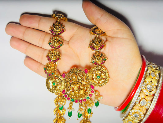 Lakshmi Pendant & Earrings, Temple Jewelry Gold-Plated Necklace Set