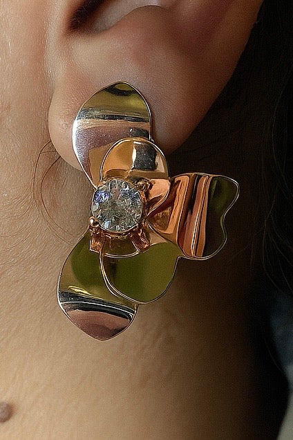 Gold-Tone Floral Statement Earrings with Sparkling Crystal Center
