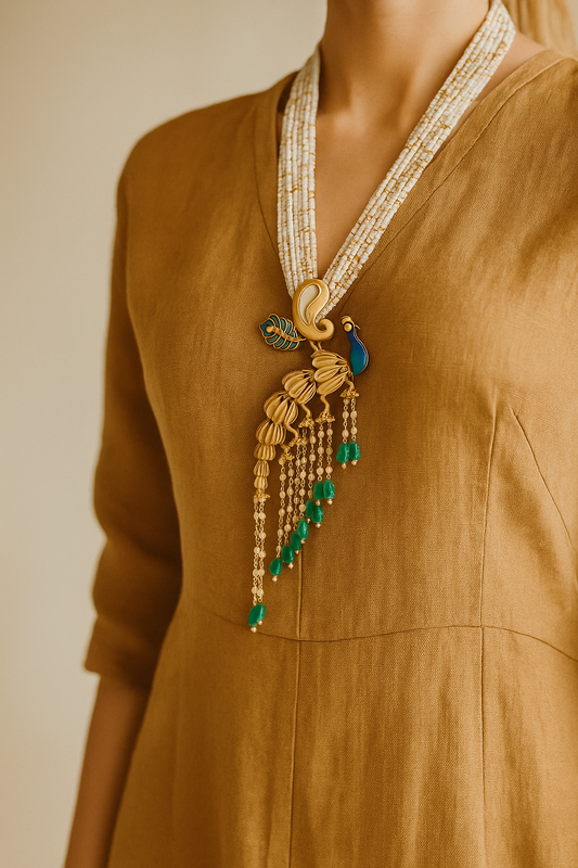 Peacock Design Elegant Multi-Strand Pearl Necklace Set & Matching Earrings