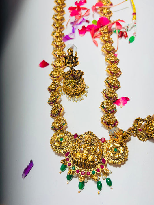 Lakshmi Pendant & Earrings, Temple Jewelry Gold-Plated Necklace Set